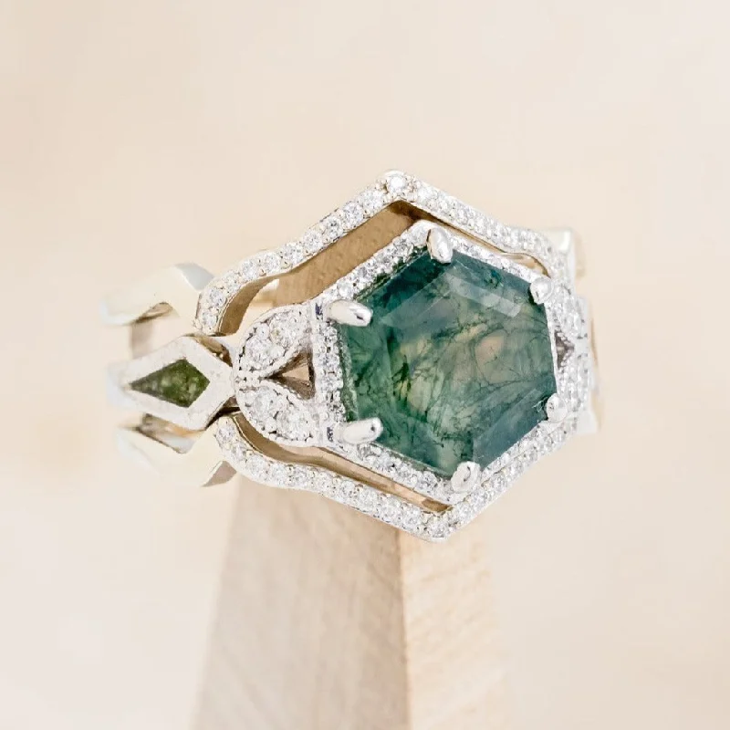 "LUCY IN THE SKY" - HEXAGON CUT MOSS AGATE ENGAGEMENT RING WITH DIAMOND ACCENTS, MOSS INLAYS & DIAMOND RING GUARD