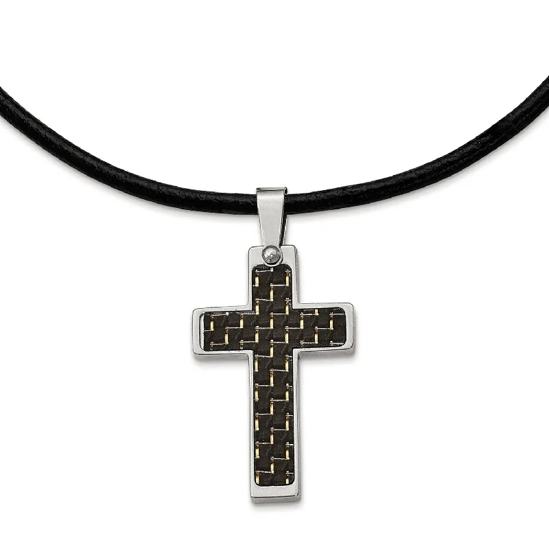 Stainless Steel Black Carbon Fiber Inlay Cross 18in Leather Cord Necklace