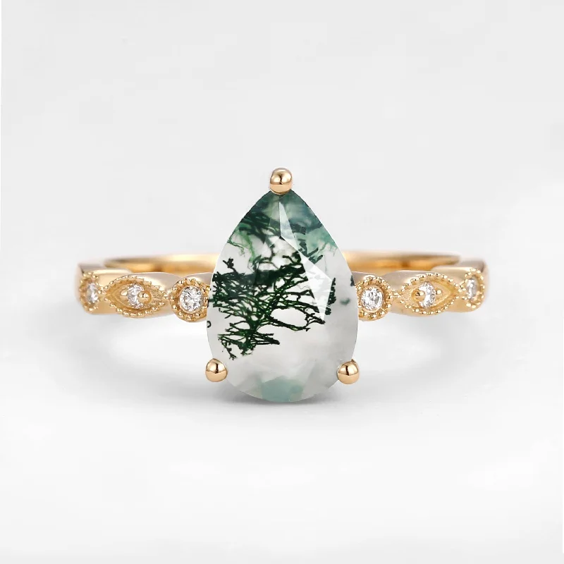 Unique Inspired Pear Shaped Moss Agate Engagement Ring