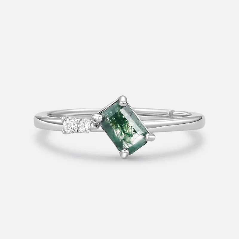 Emerald Cut Moss Agate & Moissanite Engagement Ring