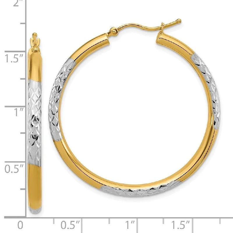 Diamond2Deal 10k Yellow Gold with Rhodium Diamond Cut 3mm Hoop Earrings (L-41mm, W-40mm)