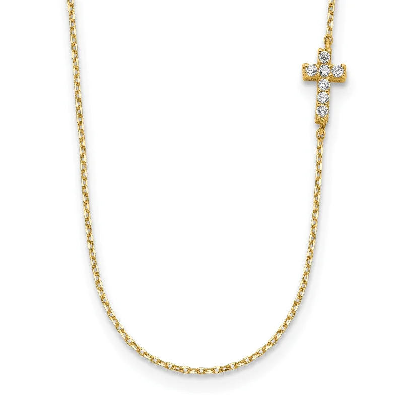 14KT Yellow Gold and CZ 18-inch+2-inch extender Cross Necklace