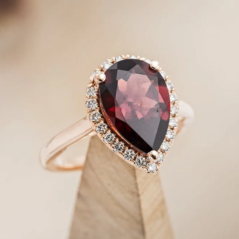 PEAR CUT GARNET ENGAGEMENT RING WITH DIAMOND HALO