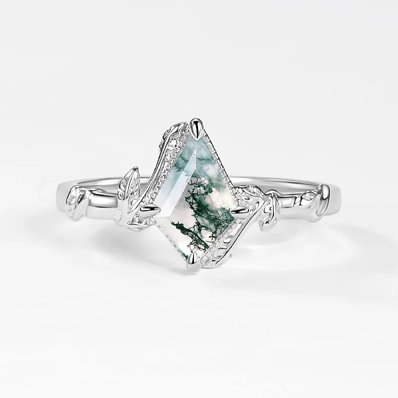 Vine Leafy  Kite Cut Moss Agate Engagement Ring