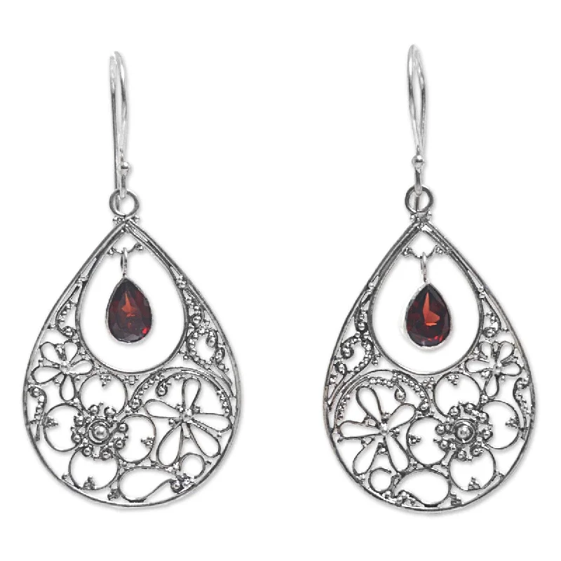 NOVICA Floral Days, Garnet dangle earrings - 2*0.9