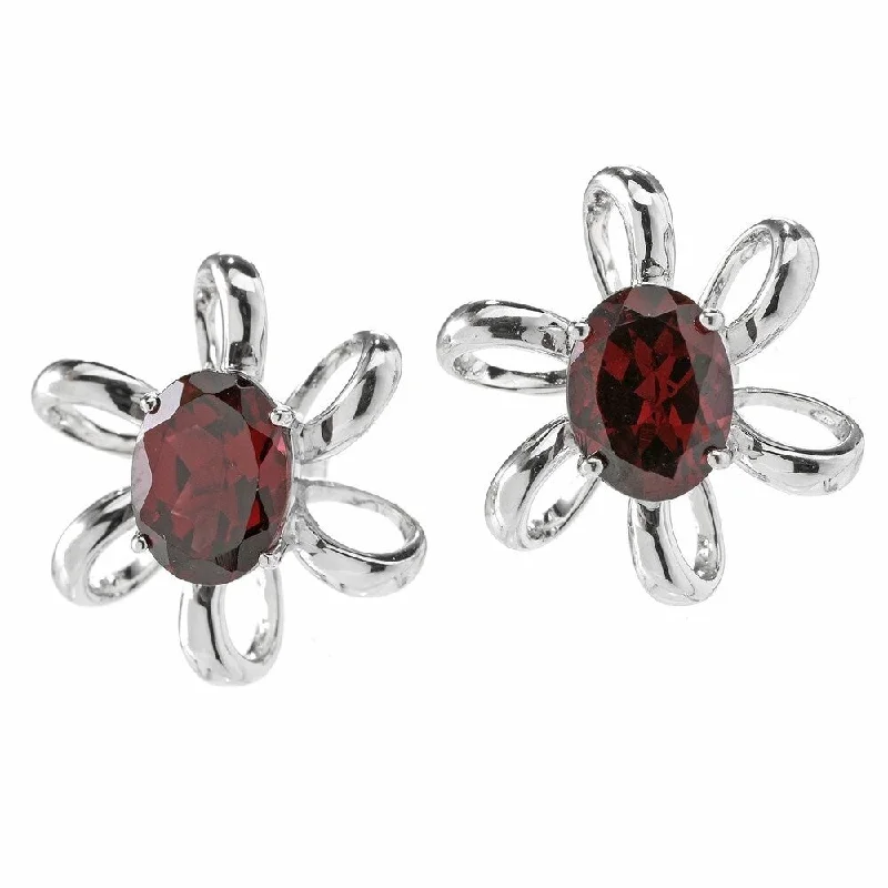 Sterling Silver Oval Rhodolite Flower Stud Earrings