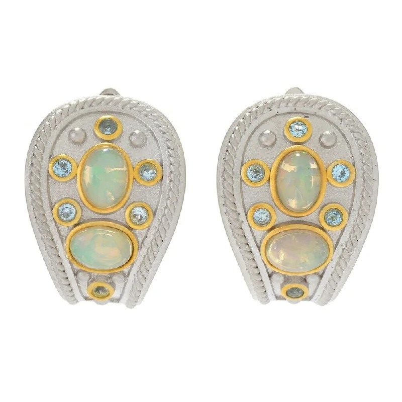 Ethiopian Opal & Swiss Blue Topaz Satin Finished Hoop Earrings