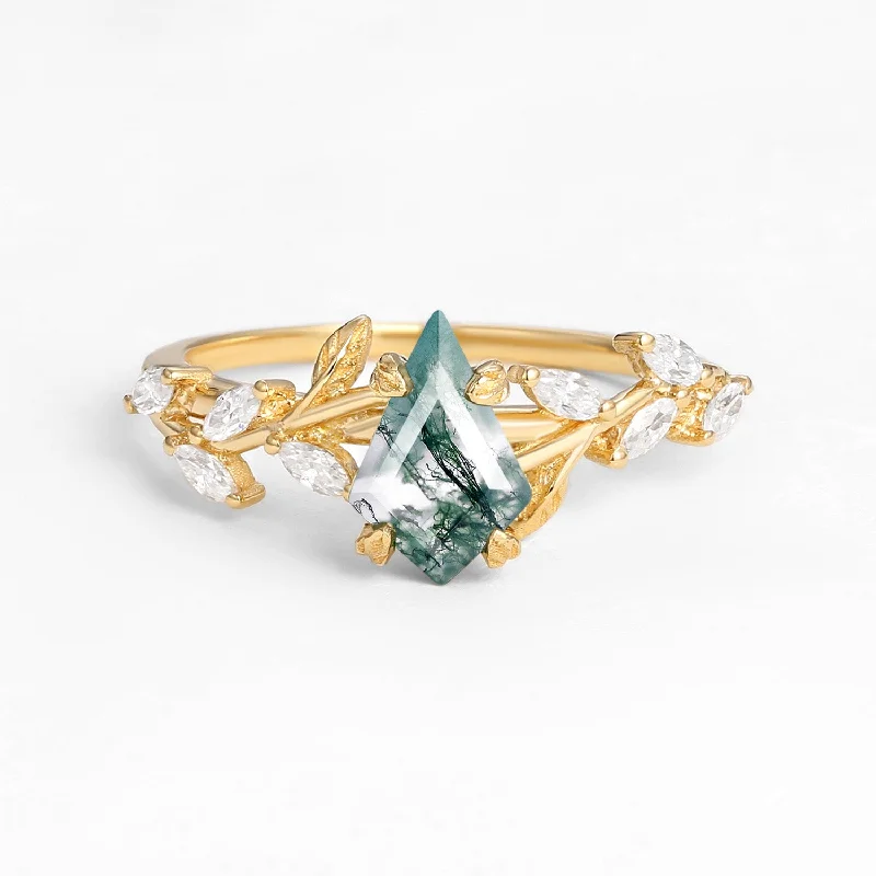 Kite Cut Clear Moss Agate Leafy Gold Engagement Ring