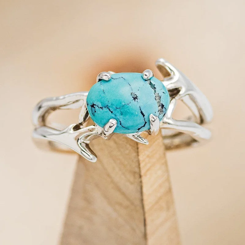 "ARTEMIS" - OVAL TURQUOISE ENGAGEMENT RING WITH AN ANTLER STYLE BAND