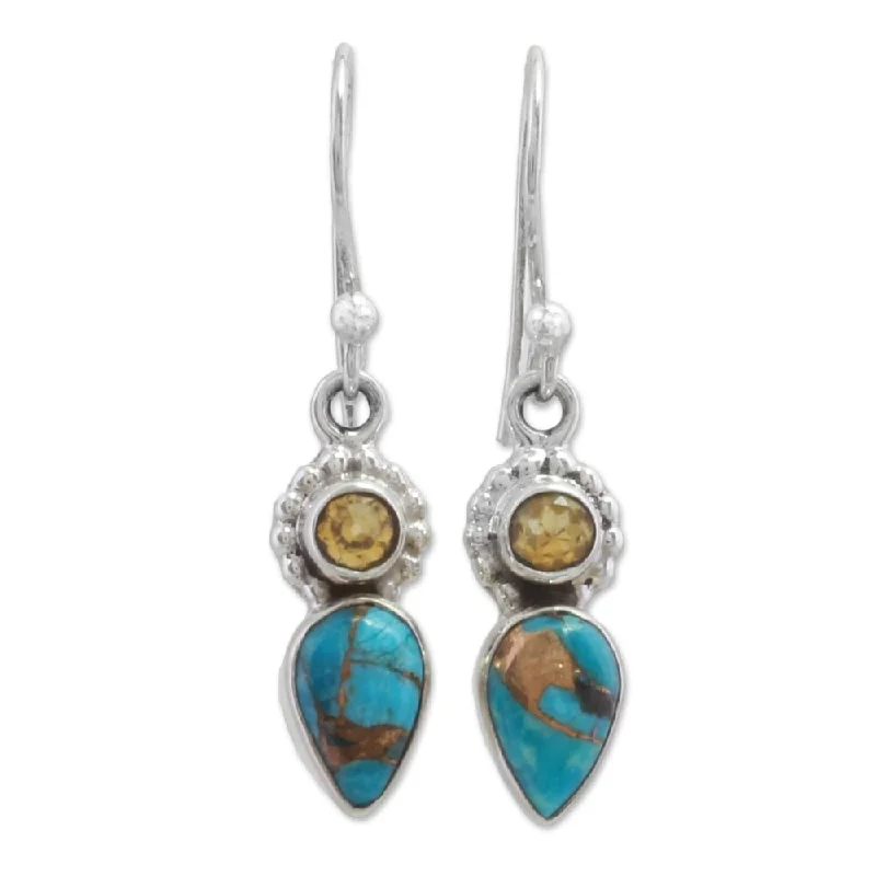 Handmade Sterling Silver 'Watery Allure' Citrine Turquoise Earrings (India) - 1.4*0.3