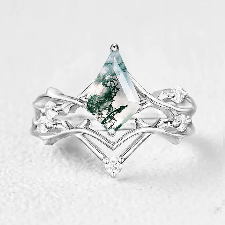 Kite Shape Branch Moss Agate Engagement Ring Sets 2pcs