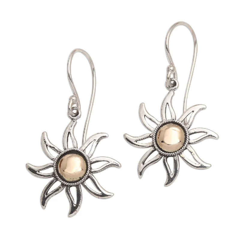 NOVICA Celuk Sun, Gold-accented sterling silver dangle earrings - 1.2*0.6