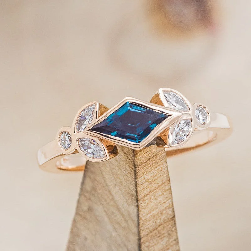 "ROWEN" - LOZENGE CUT LAB-GROWN ALEXANDRITE ENGAGEMENT RING WITH DIAMOND ACCENTS