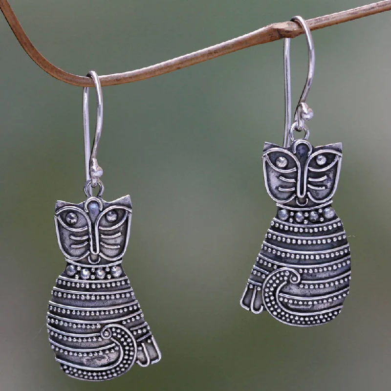 NOVICA Handmade Sterling Silver 'Balinese Cat' Earrings (Indonesia)