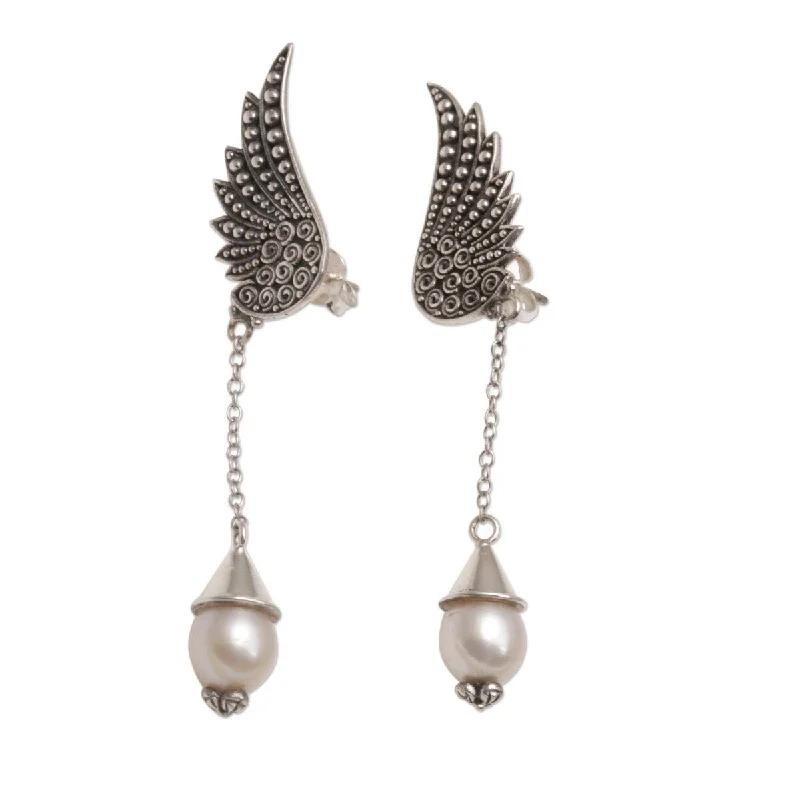 NOVICA Wings of Divinity, Cultured pearl dangle earrings - 2.4*0.5