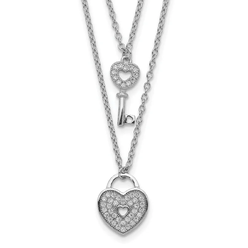 Sterling Silver Cubic Zirconia 18-inch Heart 2-Layer Lock and Key Necklace