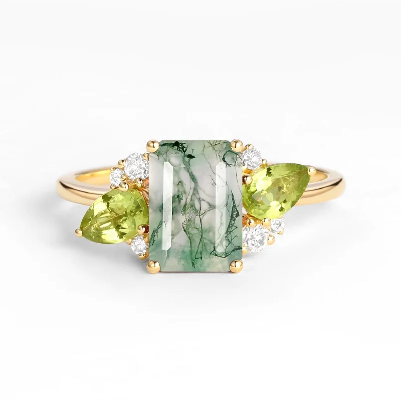 Emerald Cut Moss Agate Double Pear Peridot Engagement Ring