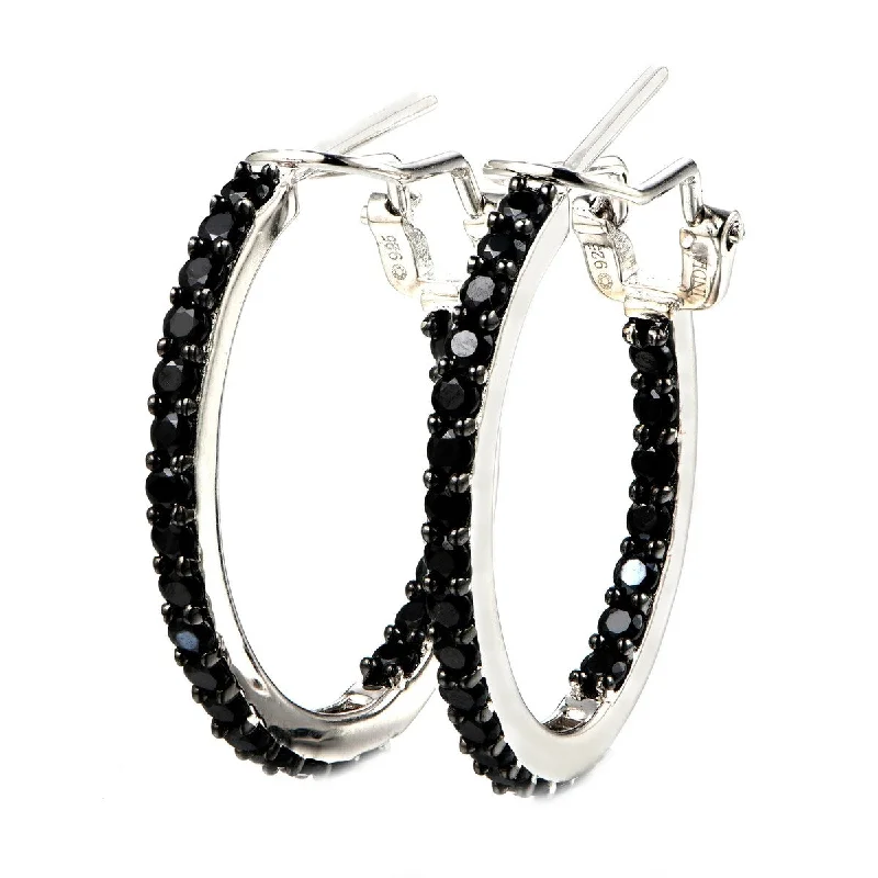 925 Sterling Silver Black Spinel Hoop Earrings