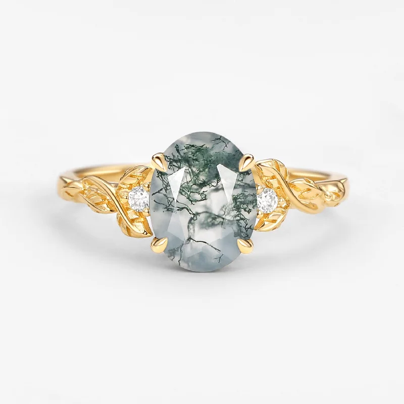 Oval Shaped Moss Agate Leafy Wedding Engagement Ring