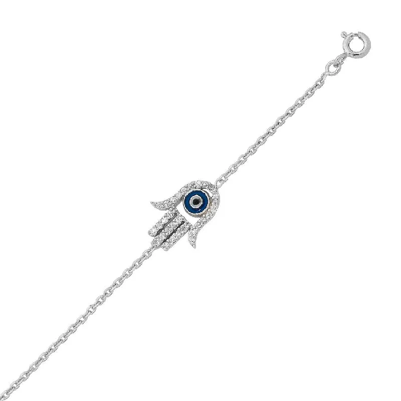 18cm Sterling Silver Evil Eye Zirconia Hamsa Charm Bracelet