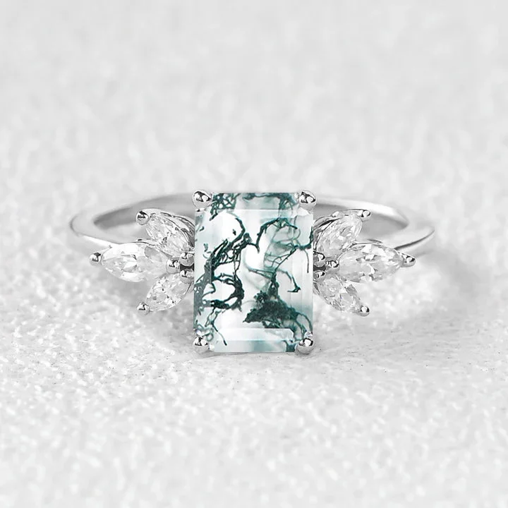 Emerald Cut Moss Agate Cluster Engagement Ring