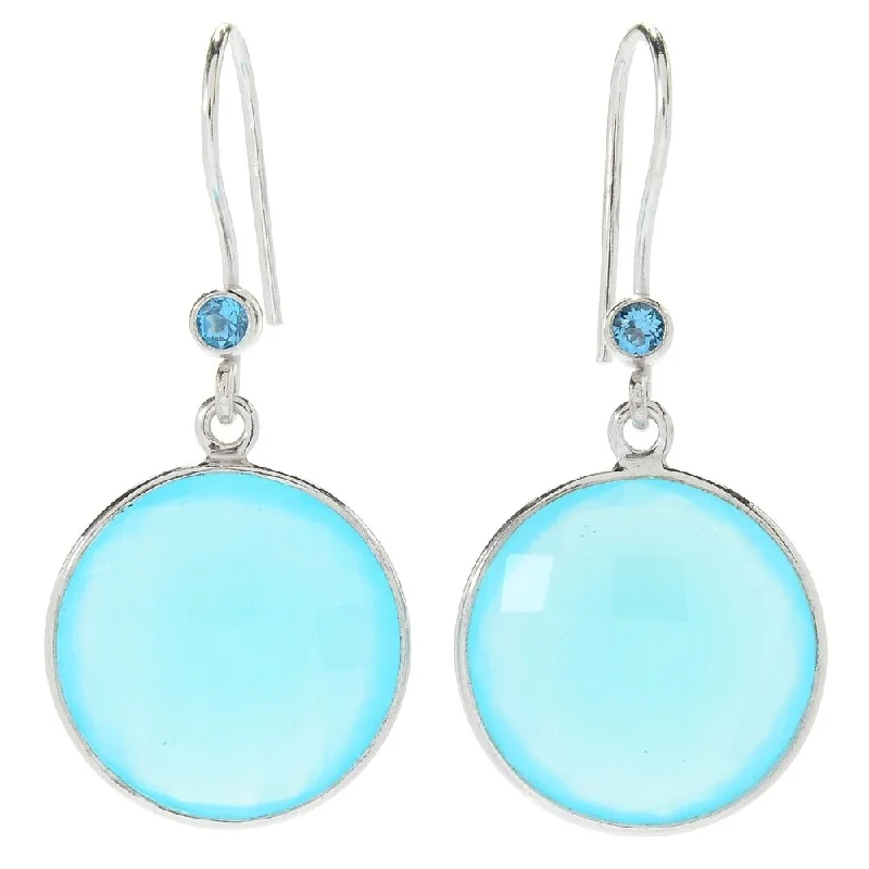 Sterling Silver 18mm Checkerboard Cut Aqua Chalcedony Drop Earrings