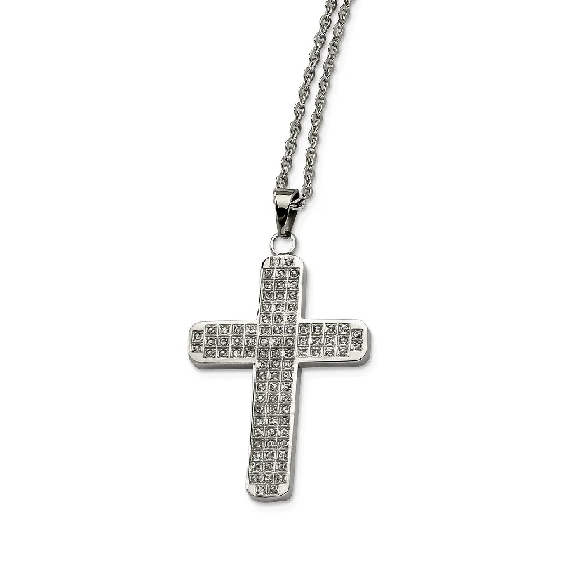 Stainless Steel CZs Cross Pendant 22in Necklace