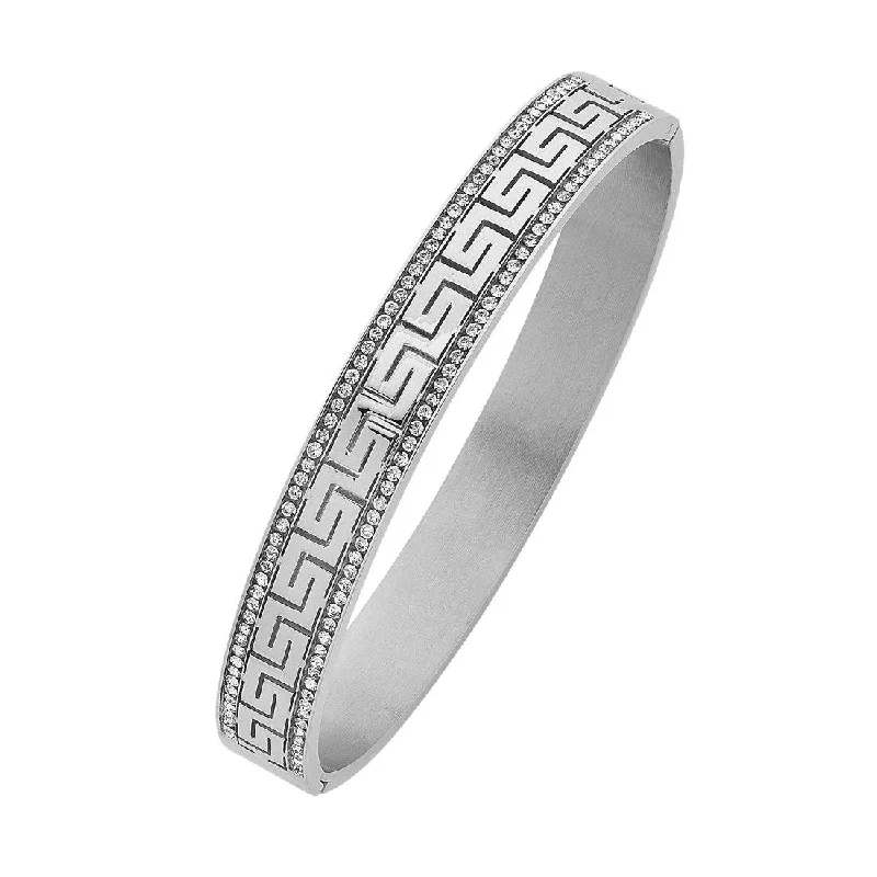 Stainless Steel Channel Crystal Bangle with Greek Design