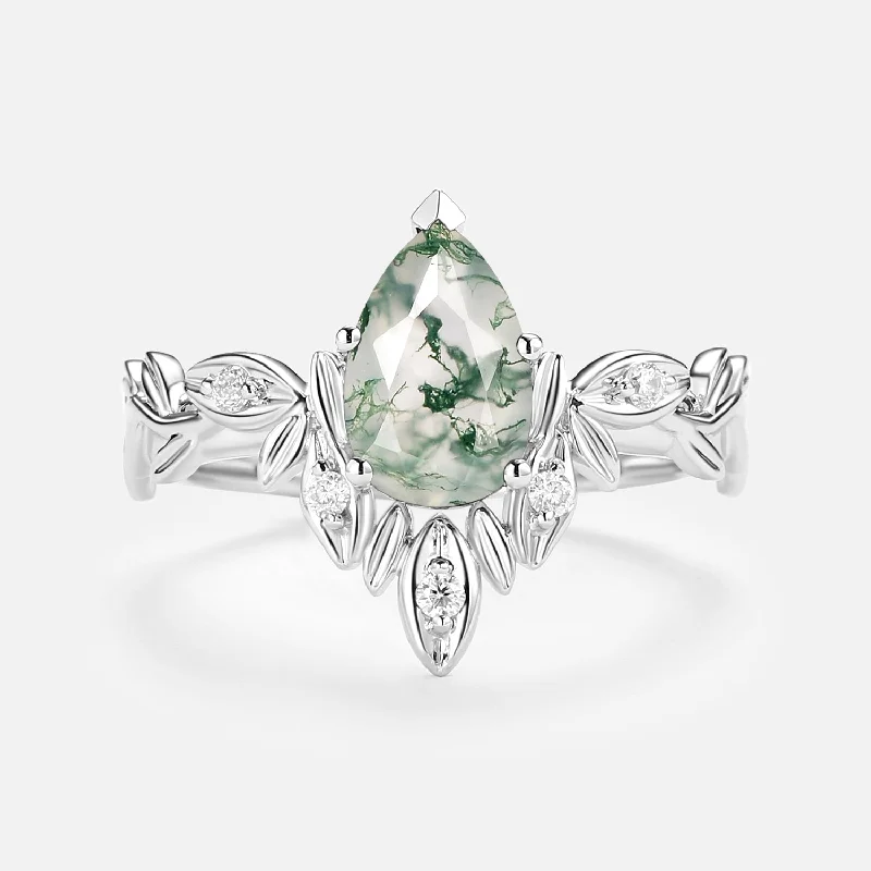 Pear Cut Leafy Nature Inspired Moss Agate Engagement Ring