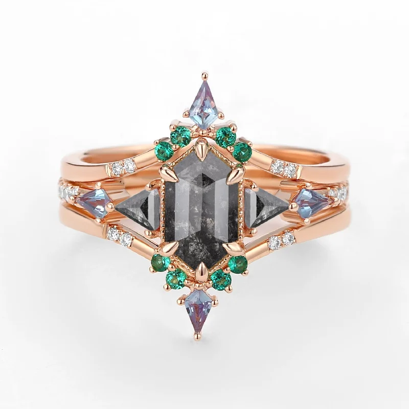 Black Gold Long Hexagon Salt and Pepper Diamond & Opal & Alexandrite & Emerald Engagement Ring Set 3pcs - Max