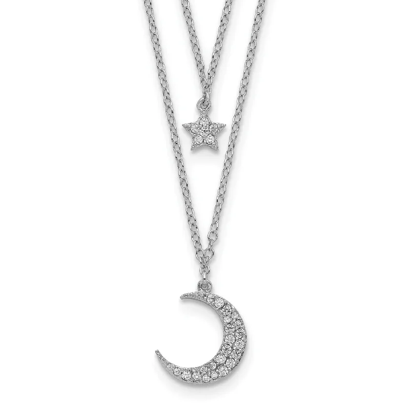 Sterling Silver Cubic Zirconia 18-inch 2-Layer Star & Moon Necklace