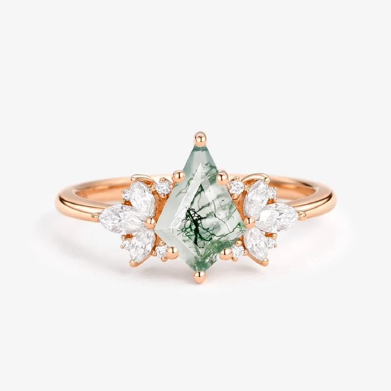 Unique Rose Gold Moss Agate Kite Cut Engagement Ring