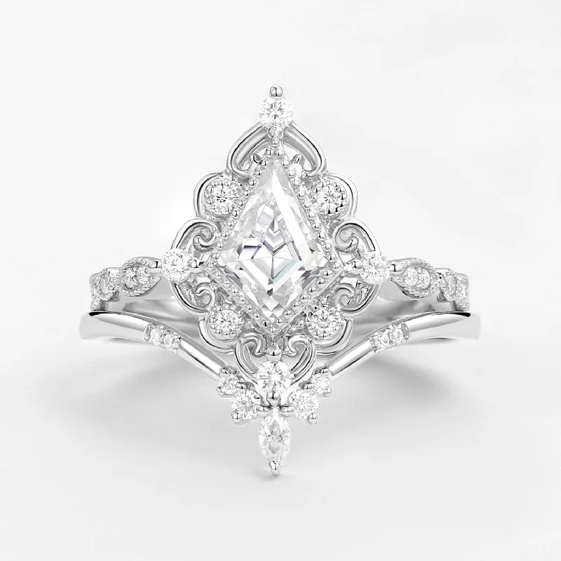 Art Deco Kite Cut Moissanite Vintage Engagement Ring Set 2pcs