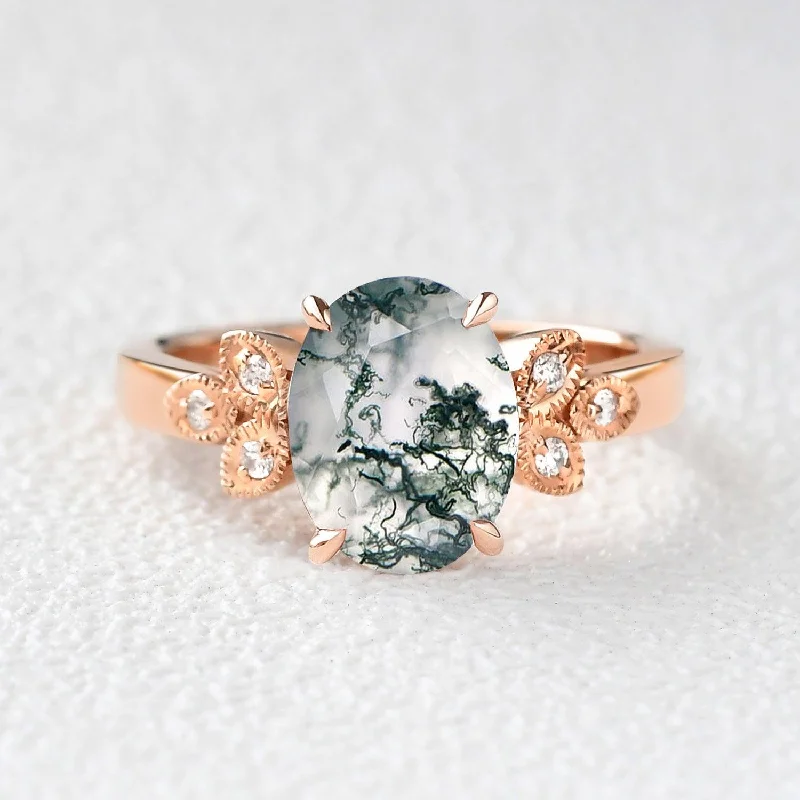 Moss Agate Oval Shaped Wedding Engagement Ring