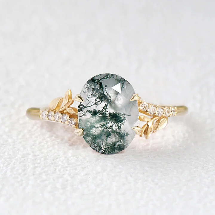 3.5ct Moss Agate Oval Shaped Leafy Engagement Ring