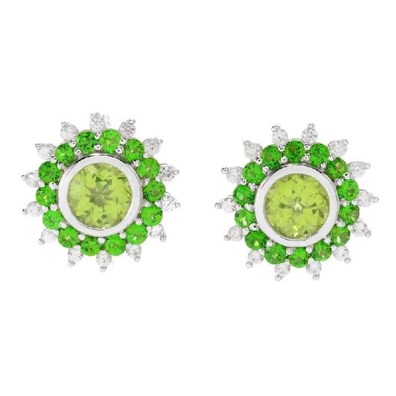 Sterling Silver Peridot, Chrome Diopside and White Zircon Double Halo Flower Stud Earrings