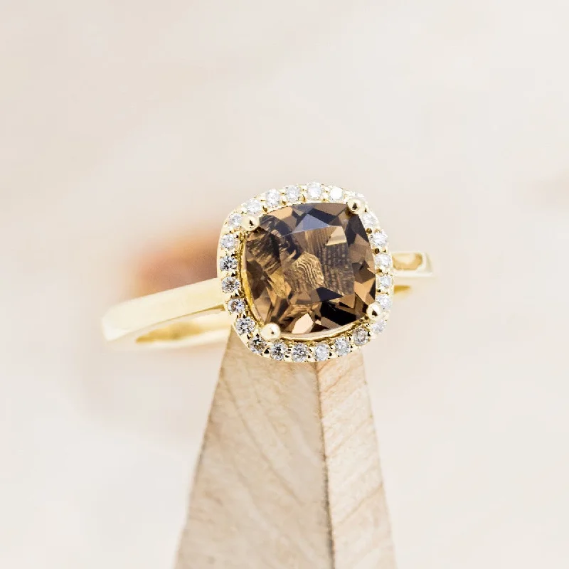 "BRINA" - CUSHION CUT SMOKY QUARTZ ENGAGEMENT RING WITH DIAMOND HALO