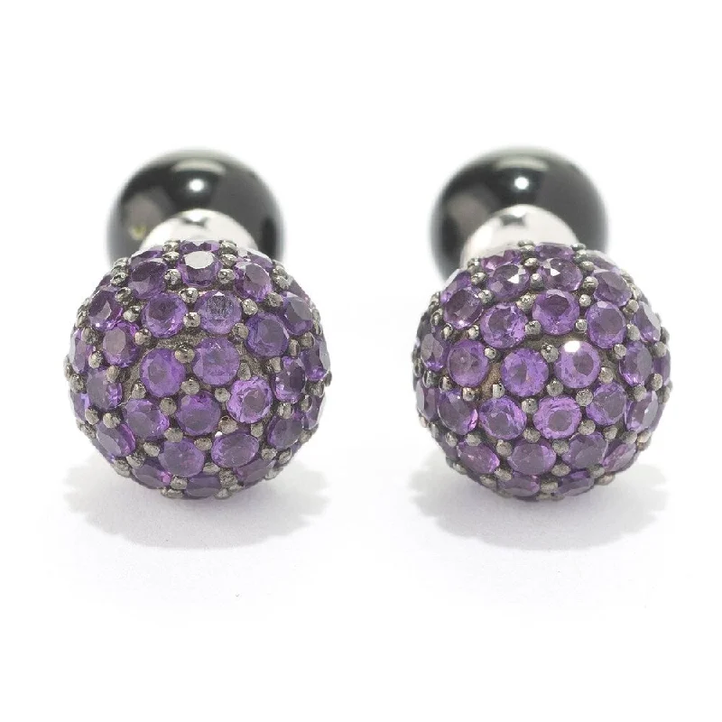 Platinum 8mm Black Agate and Amethyst Stud Earrings