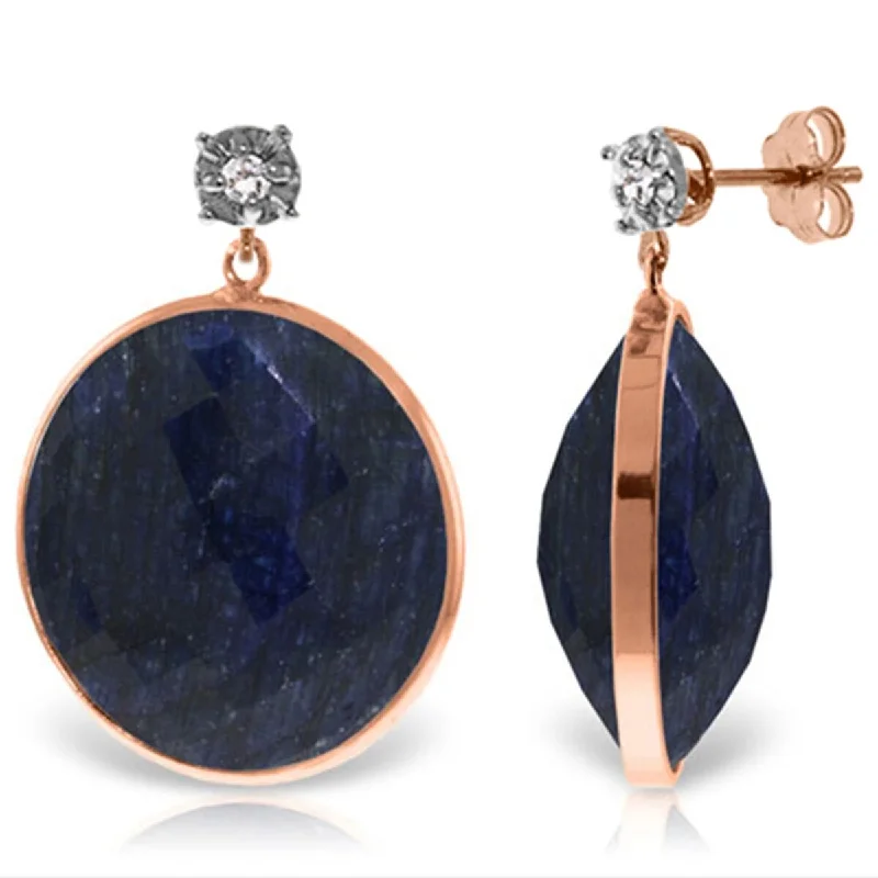 14K Solid Gold Diamonds Stud Earrings w/ Dangling Round Cut Sapphires