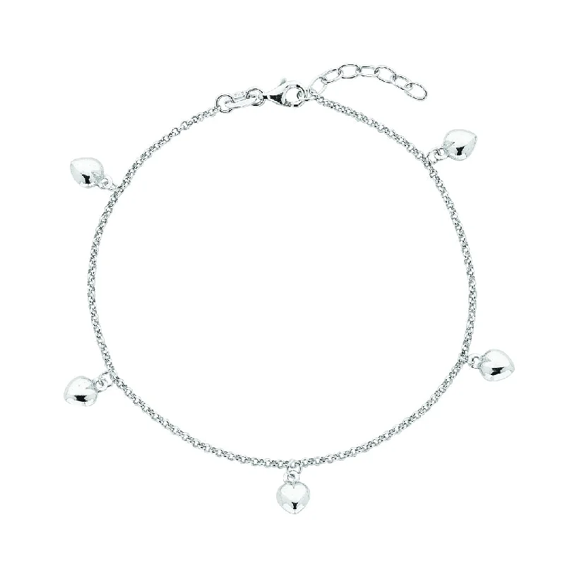 Sterling Silver 5 Puff Hearts Charm Anklet