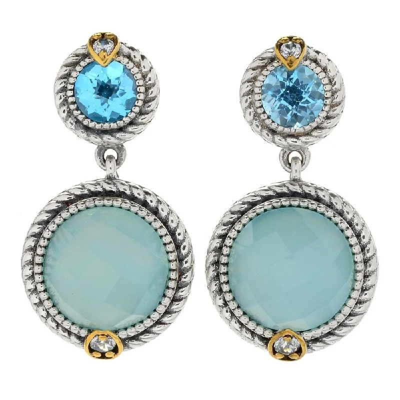 Swiss Blue Topaz, Chalcedony & White Zircon Drop Earrings