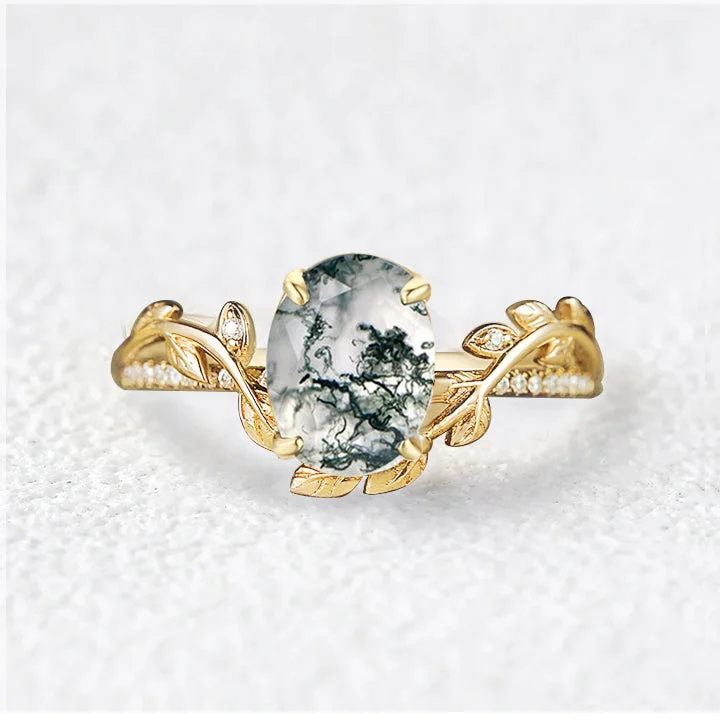 Oval Cut Moss Agate Classic Vine Engagement Ring