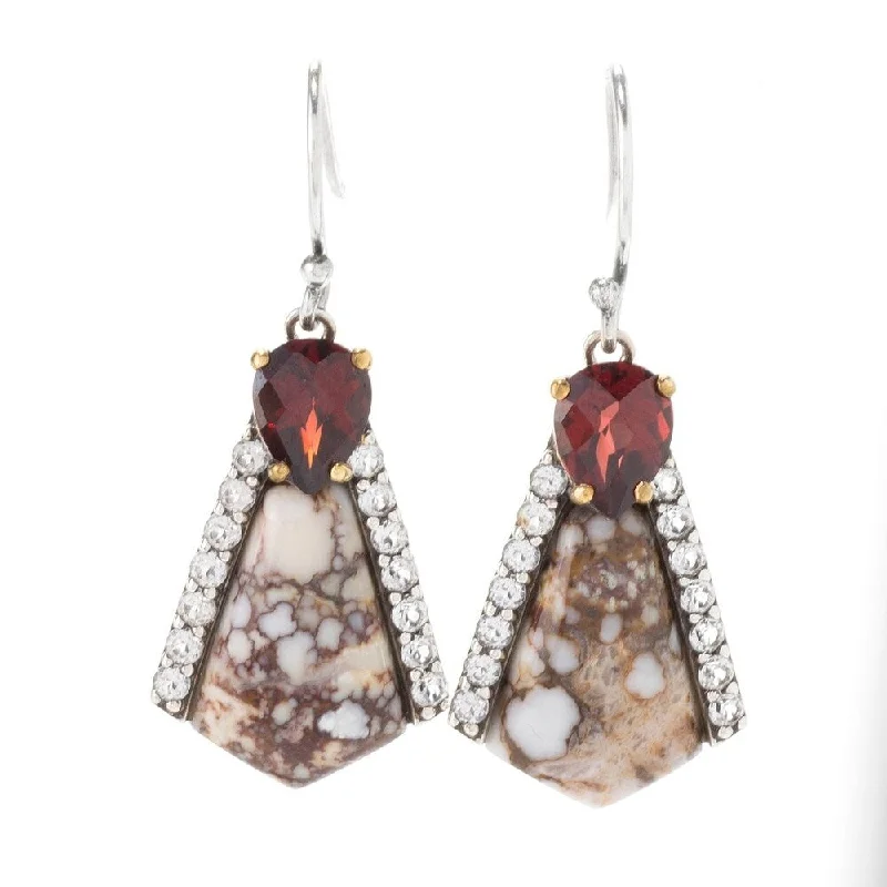 925 Sterling Silver Wild Horse,Red Garnet,White Topaz Drop Earrings