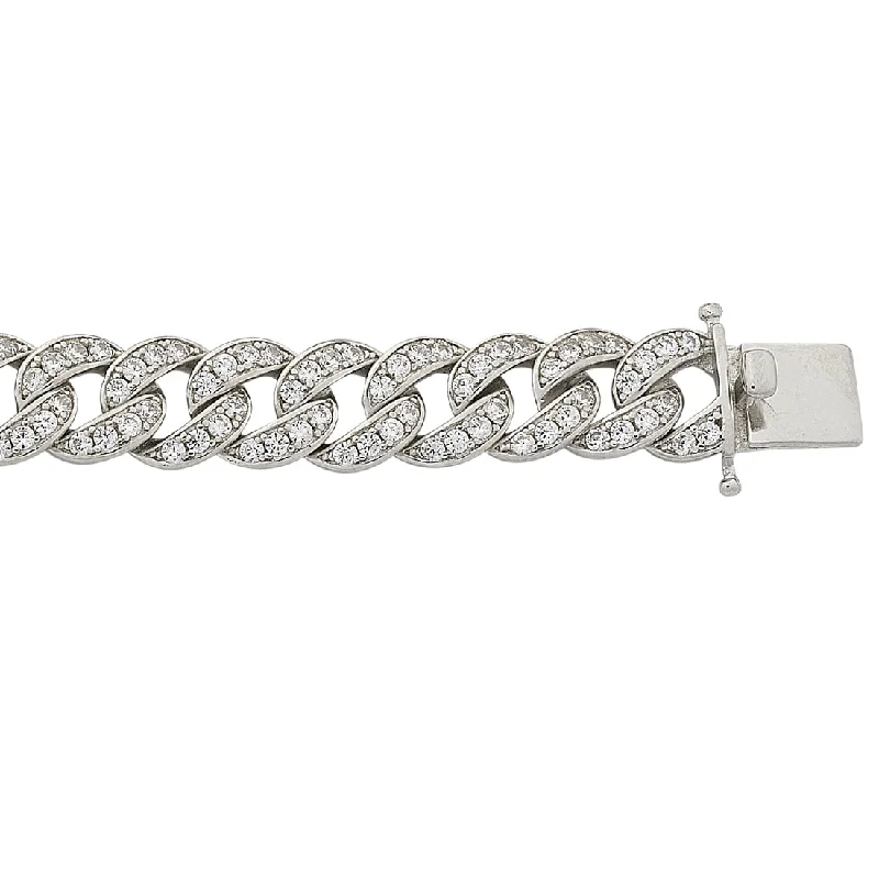 Sterling Silver Cubic Zirconia Pave Set Curb Link Bracelet